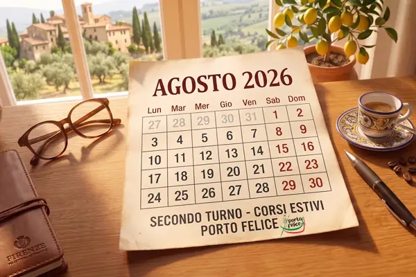 Kalendarz na sierpień 2026 i filiżanka włoskiego espresso na biurku z widokiem na toskański krajobraz. Zapisy na letnie kursy języka włoskiego online i w Katowicach.