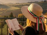 Kobieta w kapeluszu z włoską flagą czyta książkę z widokiem na Toskanię, symbolizując pasję do nauki na jesiennych kursach włoskiego online i stacjonarnie w Katowicach.