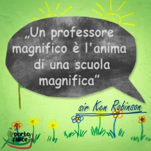 Grafika z cytatem Sir Kena Robinsona po włosku: "Un professore magnifico è l'anima di una scuola magnifica", na tle dziecięcych rysunków.