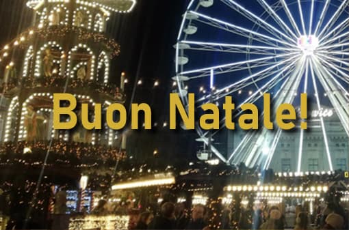 Świąteczny jarmark w Katowicach z napisem Buon Natale – życzenia od szkoły języka włoskiego Porto Felice.