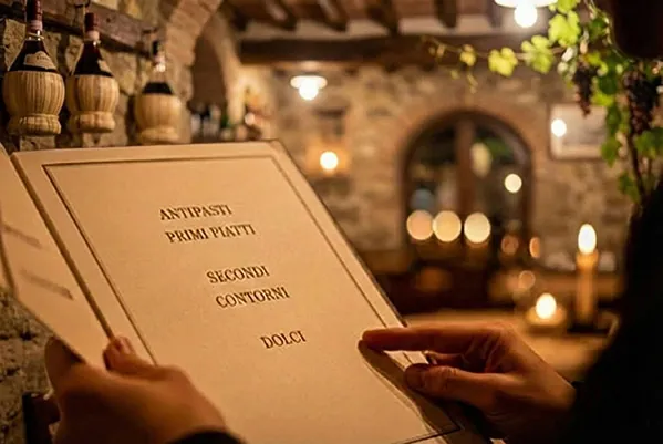 Karta dań we włoskiej restauracji jako tło cennika kursów włoskiego w Porto Felice (stacjonarnie w Katowicach i online).