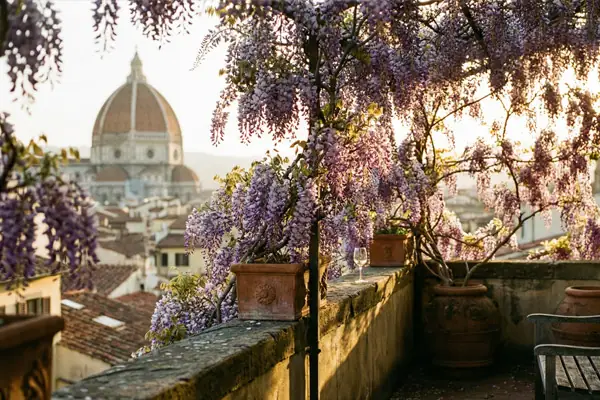 Słoneczny taras we Florencji z kwitnącą glicynią i widokiem na Duomo. Zapowiedź zapisów na wiosenne kursy języka włoskiego 2026 w Porto Felice.
