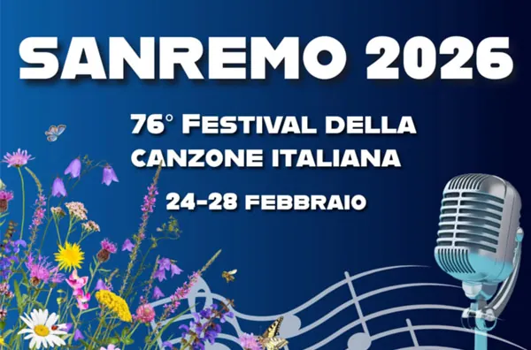 Grafika zapowiadająca 76. Festiwal Piosenki Włoskiej Sanremo 2026 – daty 24-28 lutego, mikrofon i włoskie kwiaty.