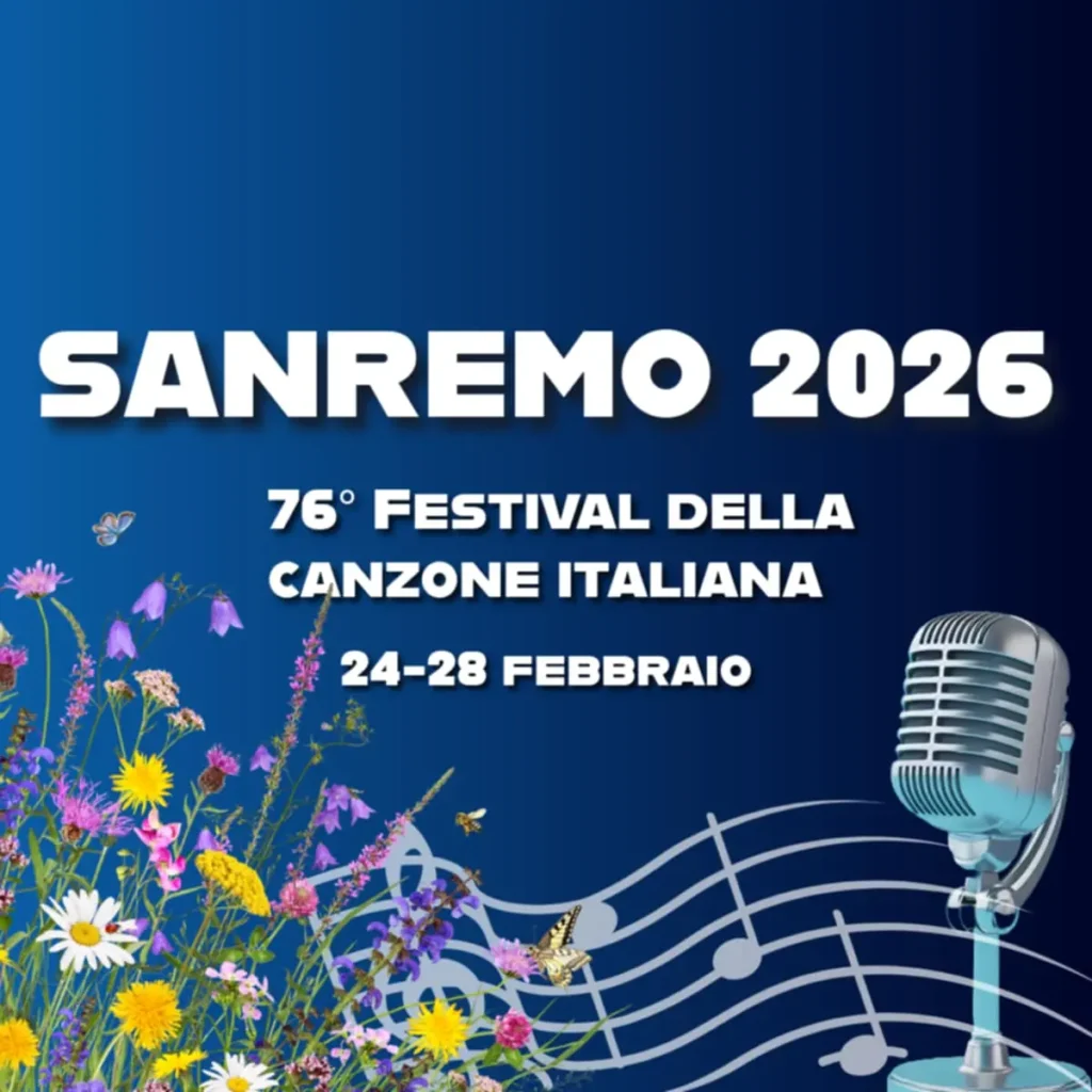 Oficjalny plakat 76. Festiwalu Piosenki Włoskiej Sanremo 2026 z mikrofonem i kwiatami.
