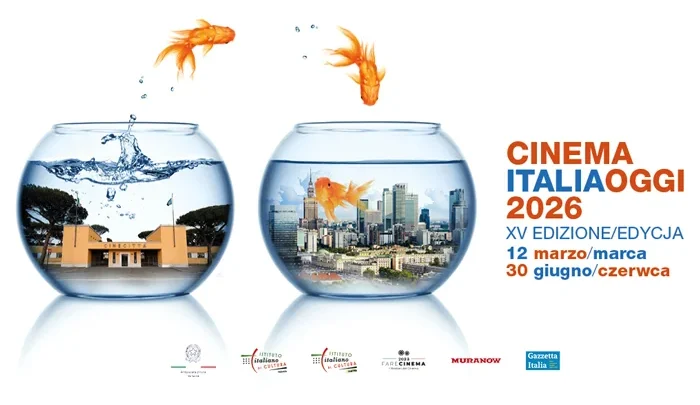 Oficjalny plakat przeglądu kina włoskiego Cinema Italia Oggi 2026. Zaprasza Szkoła Języka Włoskiego Porto Felice.