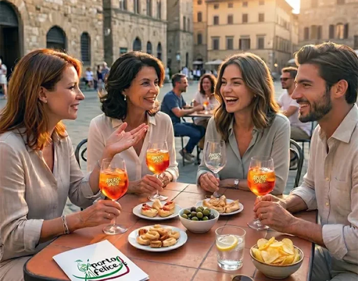 Uczestnicy wakacyjnego kursu języka włoskiego śmiejący się podczas rozmów przy prawdziwym aperitivo. Na kawiarnianym stoliku znajdują się przekąski, drinki oraz teczka szkoły Porto Felice.